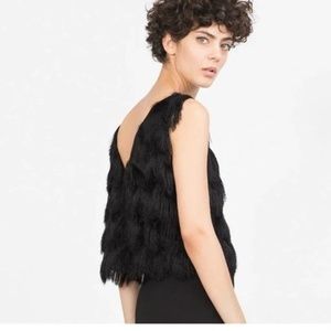 ZARA black fringe detail tank size xs v neck at the back